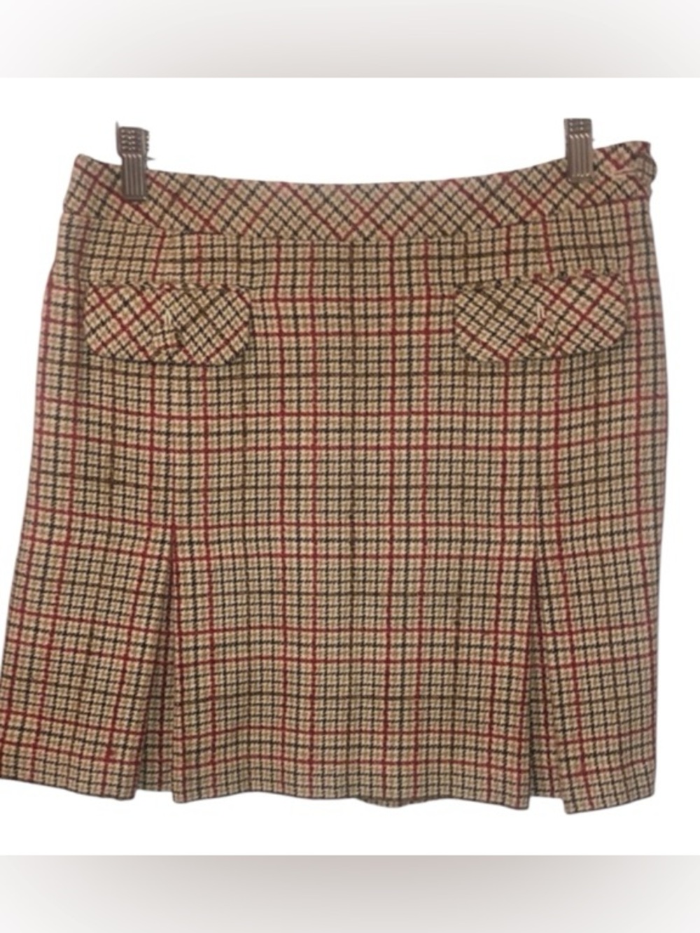 Loft Petite Red/Green Plaid Woolen Mini Skirt, front & back pleats, side zip